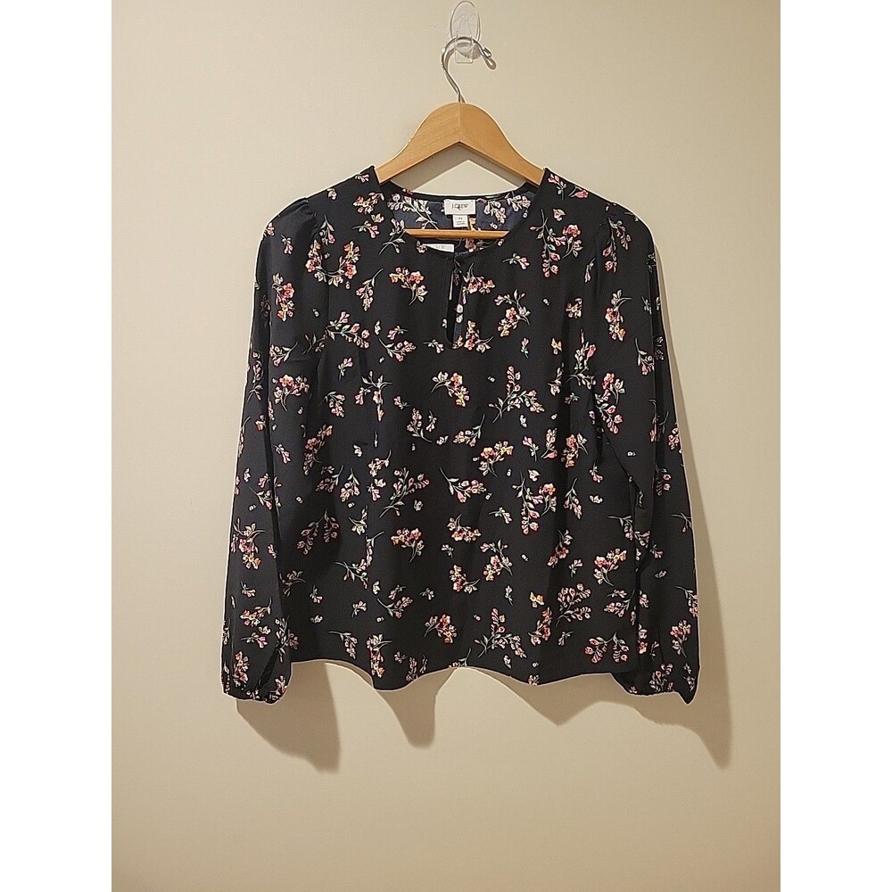 NWT J. Crew Women's Black Floral Keyhole Front Long Sleeve Blouse Size M Career